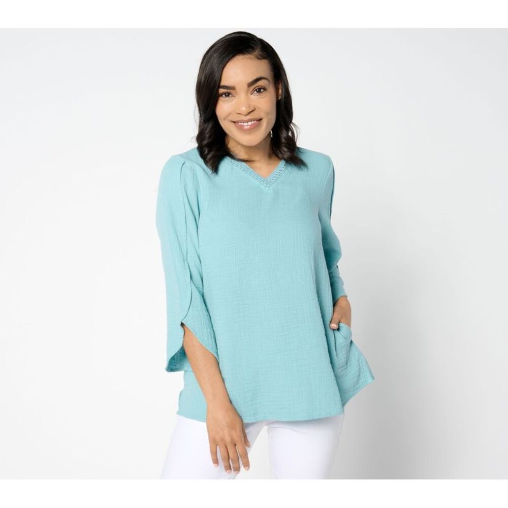 Turbie Twist Women's Top Sz XS Beach to Street Gauze V-Neck Blue A652636